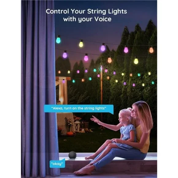 Outdoor String Lights H7021, RGBIC Warm White 96ft (2 Ropes of 48ft) LED Bulbs